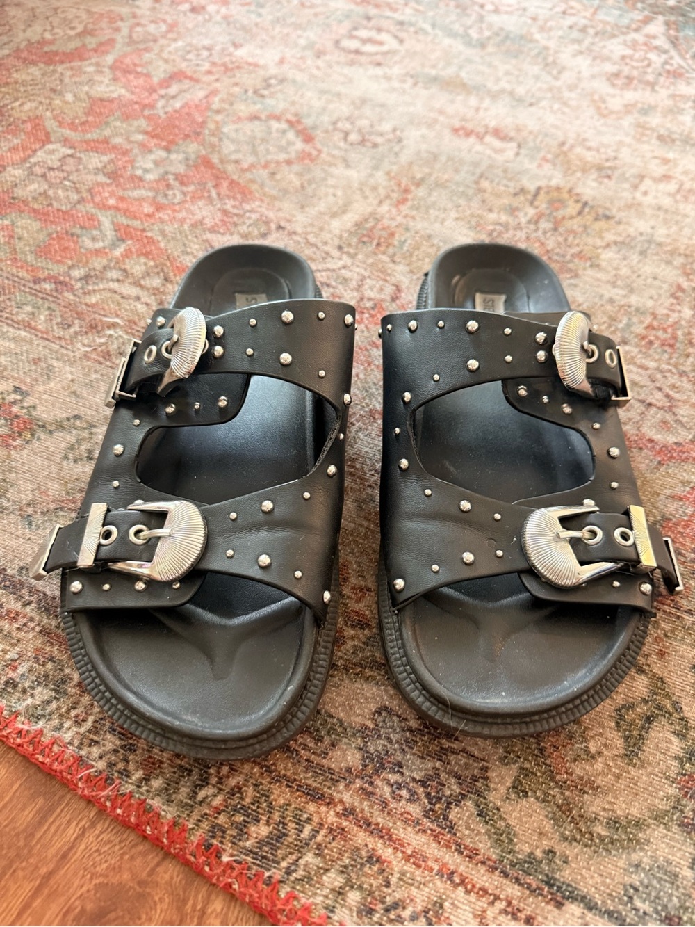 Steve Madden Black Studded Double Buckle Slide Sandals
